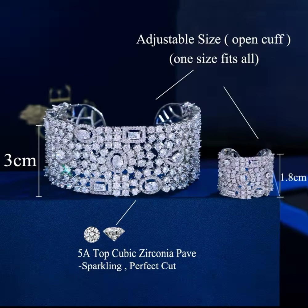 Luxury Cubic Zirconia Cuff Bracelet & Ring Set – Silver Tone - Picture 3 of 17